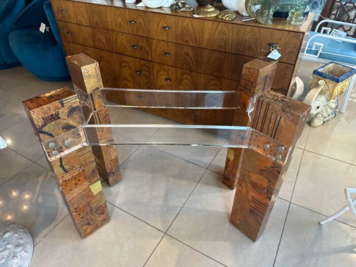 mid century patchwork metal brass copper lucite brutalist dining table base 1484