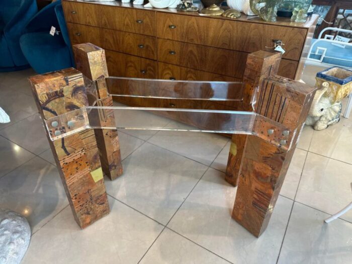 mid century patchwork metal brass copper lucite brutalist dining table base 4760