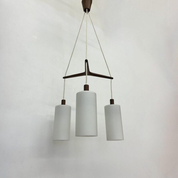 mid century pendant lamp teak in opaline glass 1970s 24