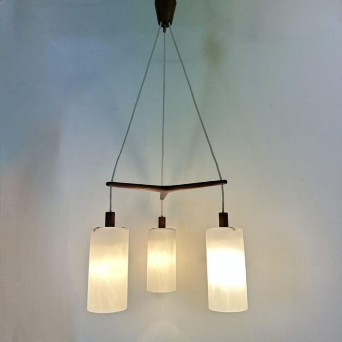 mid century pendant lamp teak in opaline glass 1970s 36