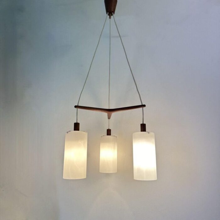 mid century pendant lamp teak in opaline glass 1970s 40