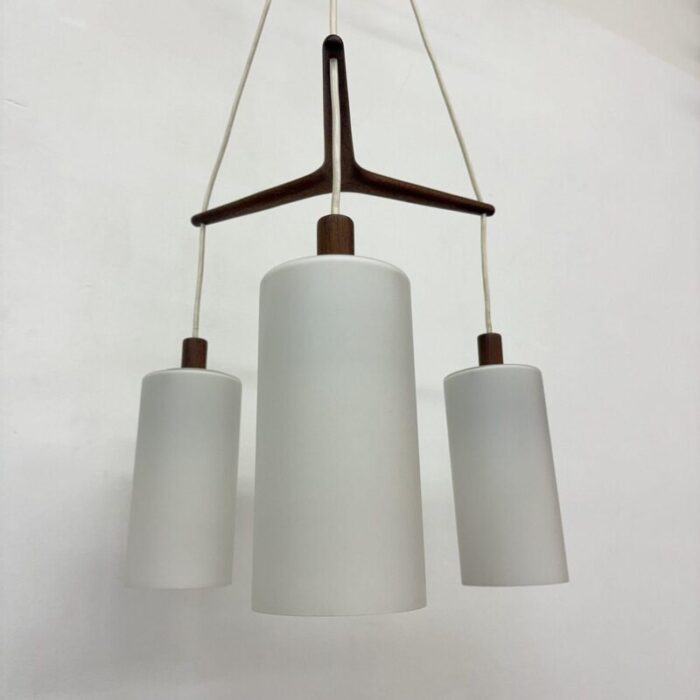 mid century pendant lamp teak in opaline glass 1970s 6