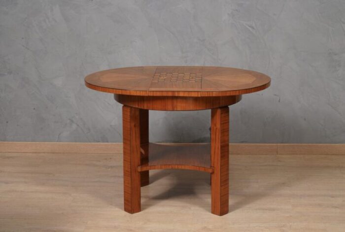 mid century round cherrywood veneer game side table 1950s 2489