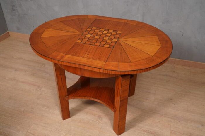 mid century round cherrywood veneer game side table 1950s 7382