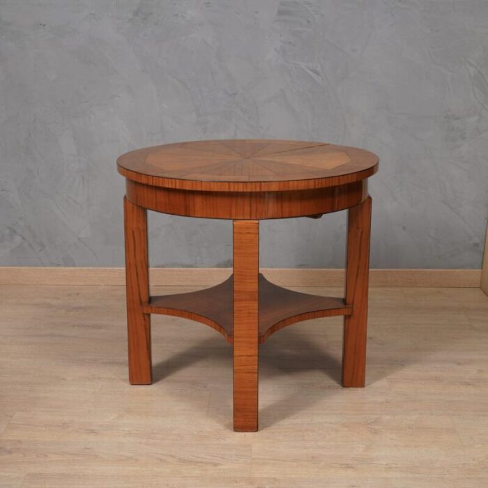 mid century round cherrywood veneer game side table 1950s 8352