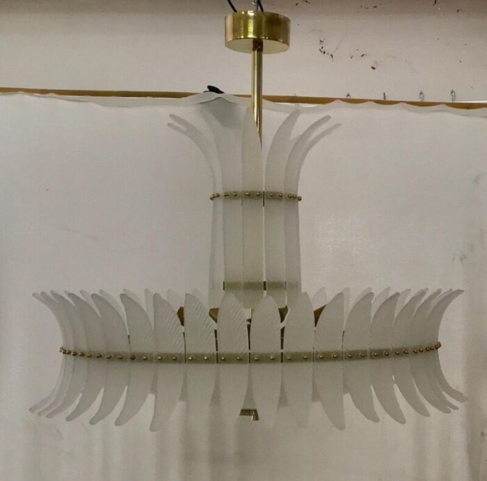 mid century round murano art glass and brass chandelier 2000s 1099