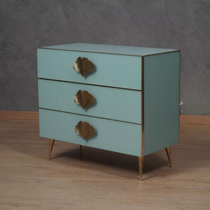 mid century square sky blue color glass and brass commode 7936