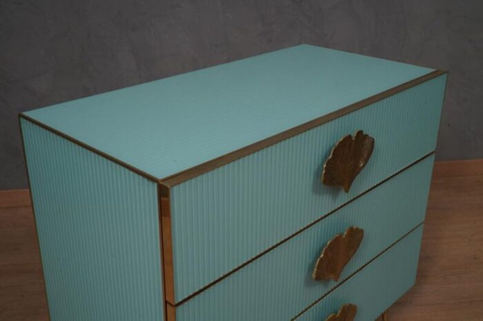 mid century square sky blue color glass and brass commode 9883