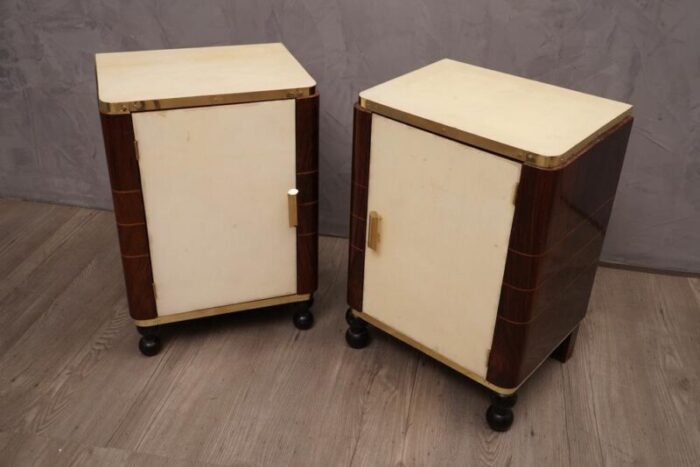 mid century walnut goatskin and brass nightstands 1950s set of 2 1947