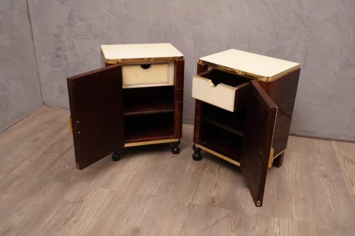 mid century walnut goatskin and brass nightstands 1950s set of 2 5355