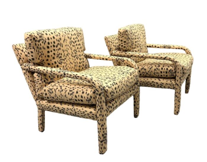 milo baughman parsons style fully upholstered chairs in les touches fabric 0364