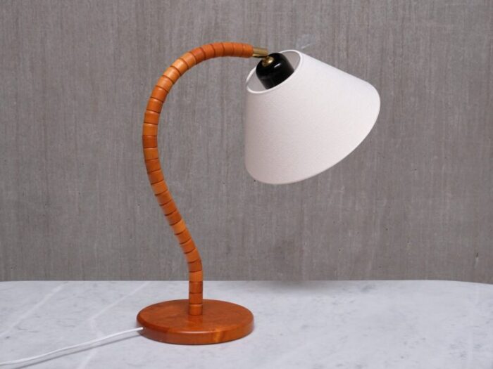 modern swedish marksloejd table lamp in beech brass linen sweden 1960s 11