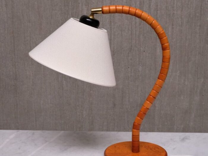 modern swedish marksloejd table lamp in beech brass linen sweden 1960s 14