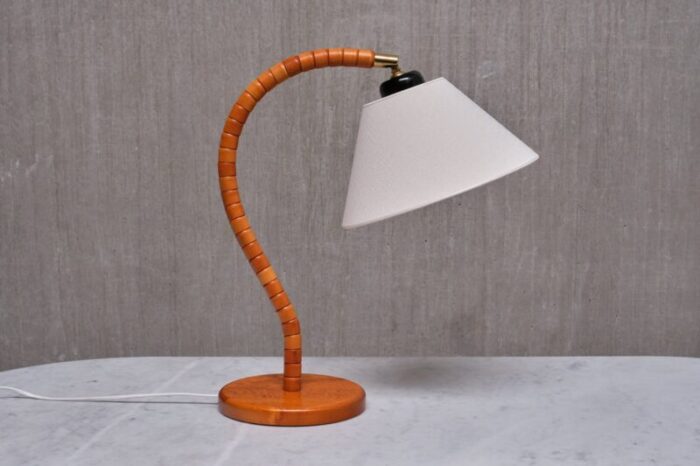 modern swedish marksloejd table lamp in beech brass linen sweden 1960s 2