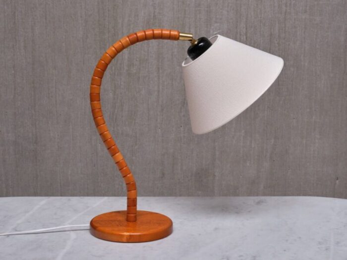 modern swedish marksloejd table lamp in beech brass linen sweden 1960s 3