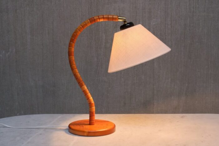 modern swedish marksloejd table lamp in beech brass linen sweden 1960s 7