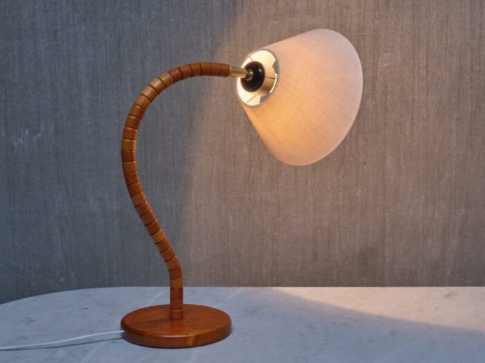 modern swedish marksloejd table lamp in beech brass linen sweden 1960s 8