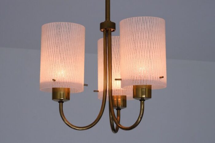 modern swedish three arm pendant light with etched glass shades 1950s 8