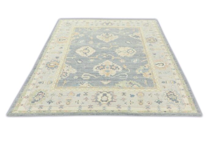 moon gray blue field multicolor handwoven turkish oushak rug 81 x 99 0075