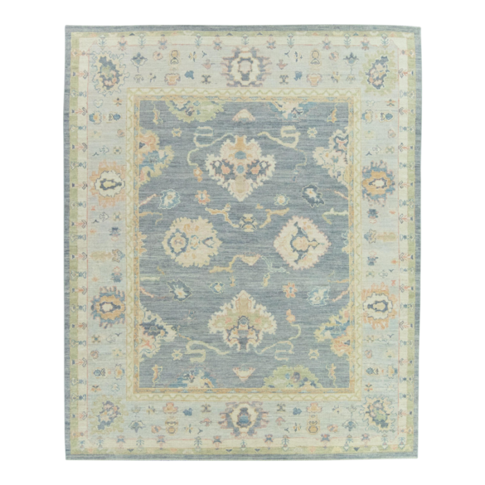 moon gray blue field multicolor handwoven turkish oushak rug 81 x 99 0593