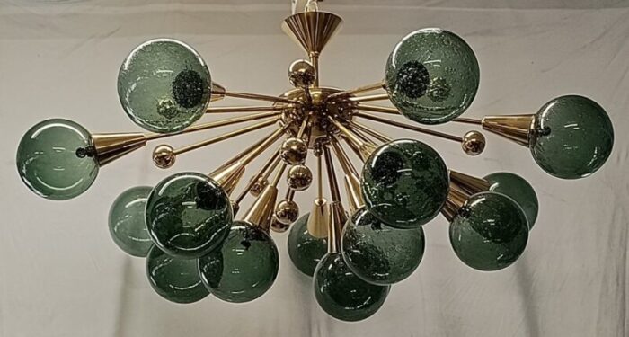 murano sputnik spherical green glass and brass chandelier 1990 1