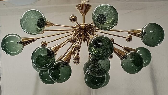 murano sputnik spherical green glass and brass chandelier 1990 10