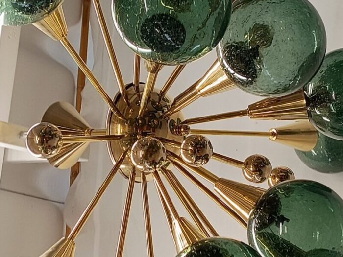 murano sputnik spherical green glass and brass chandelier 1990 2