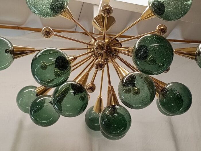 murano sputnik spherical green glass and brass chandelier 1990 3