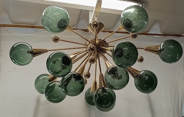 murano sputnik spherical green glass and brass chandelier 1990 5