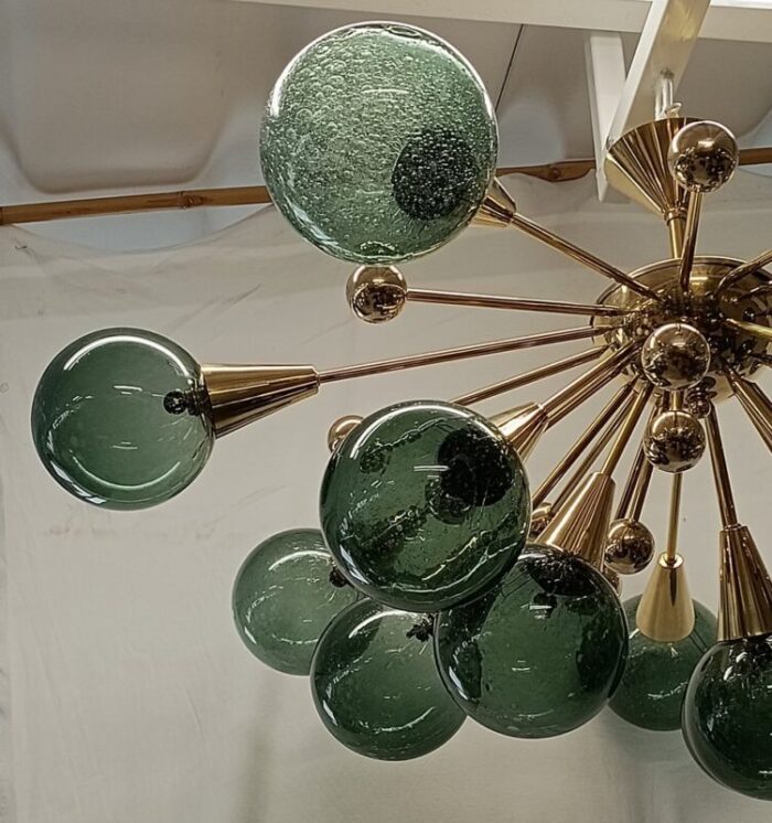 murano sputnik spherical green glass and brass chandelier 1990 6