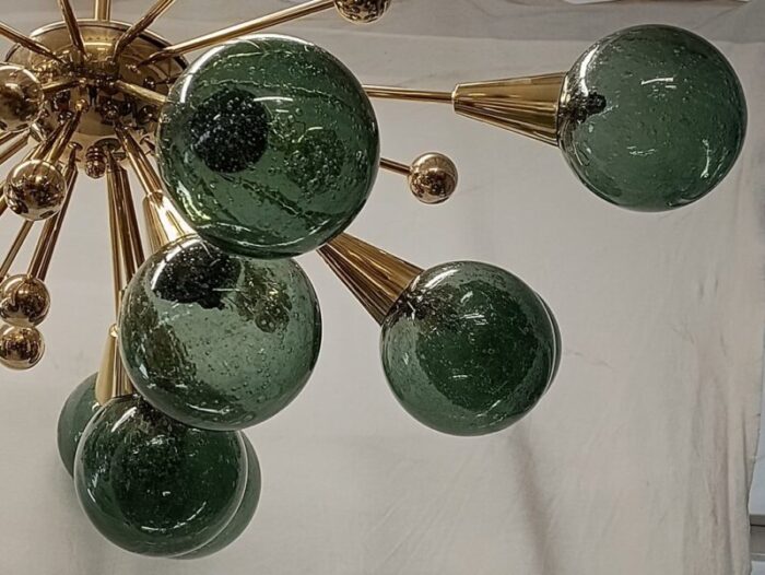 murano sputnik spherical green glass and brass chandelier 1990 7