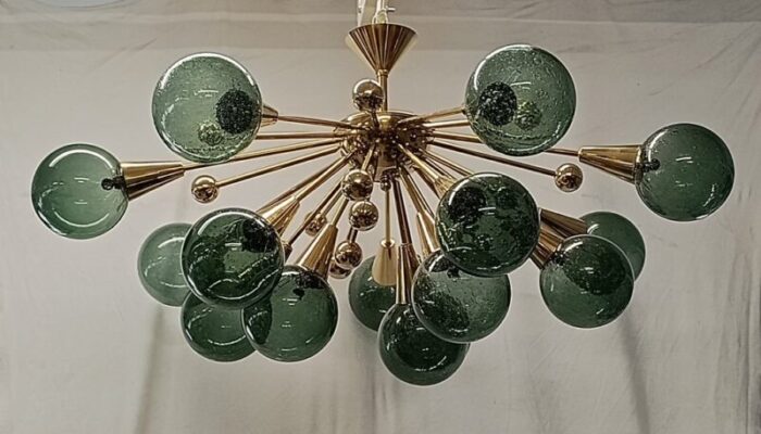 murano sputnik spherical green glass and brass chandelier 1990 8