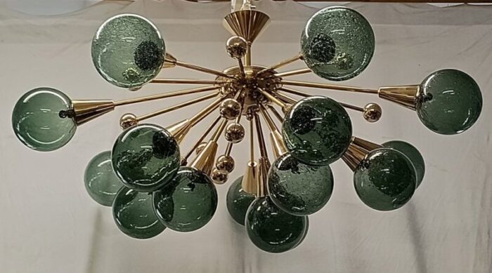 murano sputnik spherical green glass and brass chandelier 1990 9