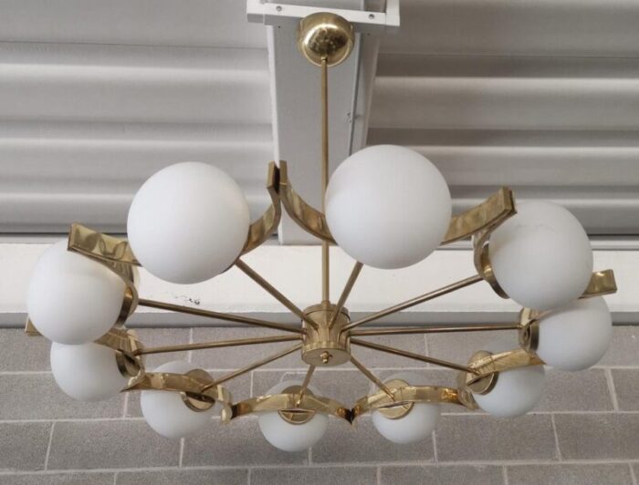 murano white glass and brass chandelier 2000s 8214