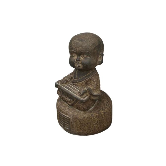 oriental gray stone little lohon monk playing zither statue 1382