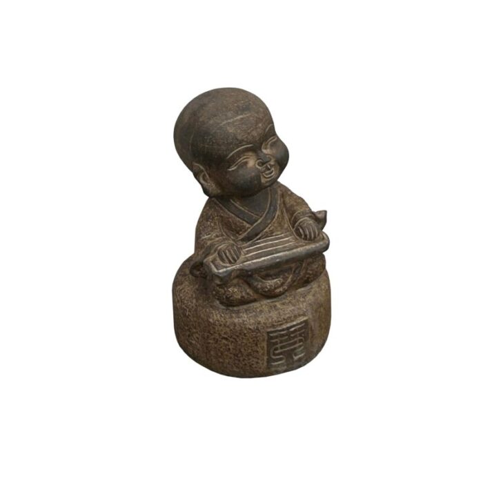 oriental gray stone little lohon monk playing zither statue 4343