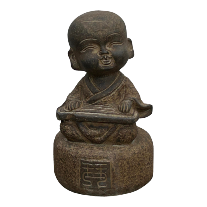 oriental gray stone little lohon monk playing zither statue 9849