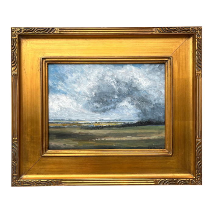 original american impressionist landscape oil painting of a meadow and cloud filled skies 0389