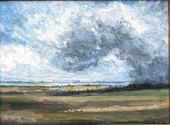 original american impressionist landscape oil painting of a meadow and cloud filled skies 5535