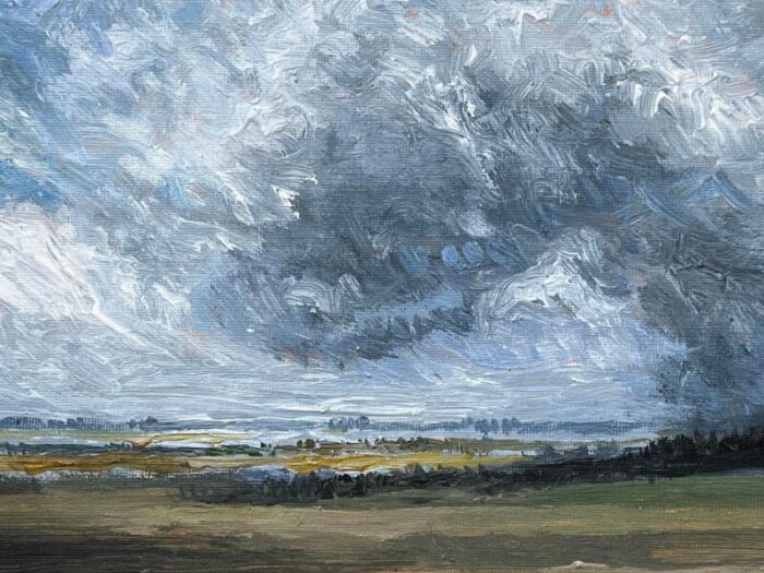 original american impressionist landscape oil painting of a meadow and cloud filled skies 6483