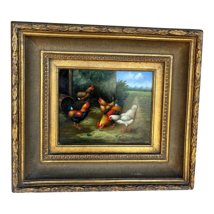 original oil painting with hen and rooster scene 9511