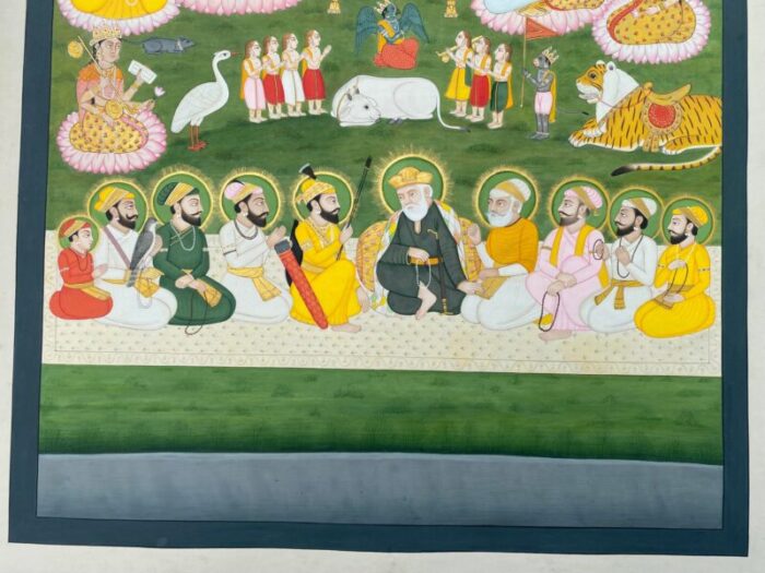 original vintage 1980 indian miniature painting 10 holy sikh gurus with god religious painting 4592