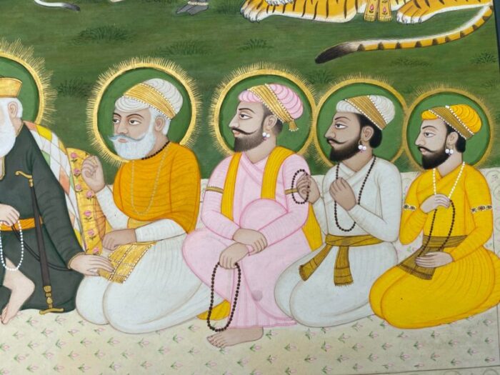 original vintage 1980 indian miniature painting 10 holy sikh gurus with god religious painting 5642