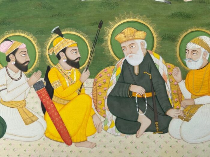 original vintage 1980 indian miniature painting 10 holy sikh gurus with god religious painting 8338