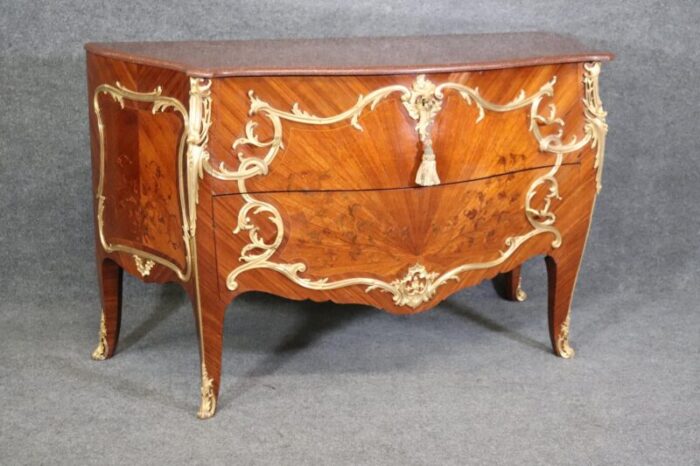 ormolu mounted french louis xv rouge marble top radiating inlay commode 1743