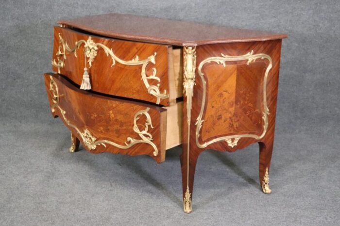 ormolu mounted french louis xv rouge marble top radiating inlay commode 3496