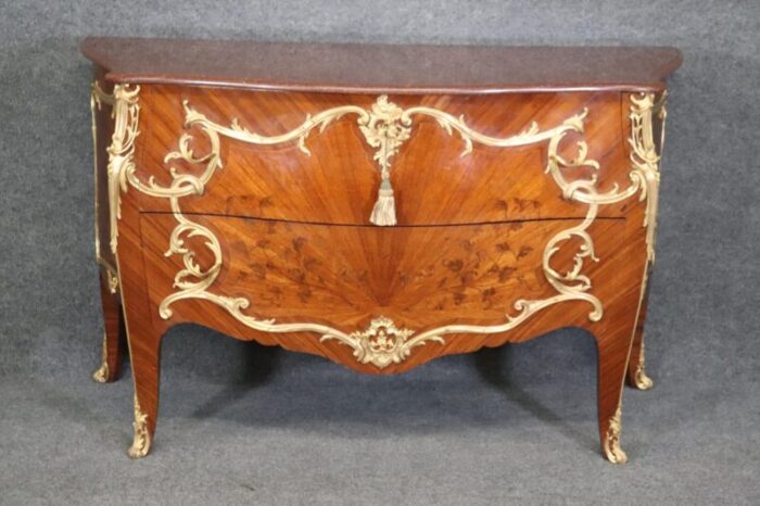 ormolu mounted french louis xv rouge marble top radiating inlay commode 3695