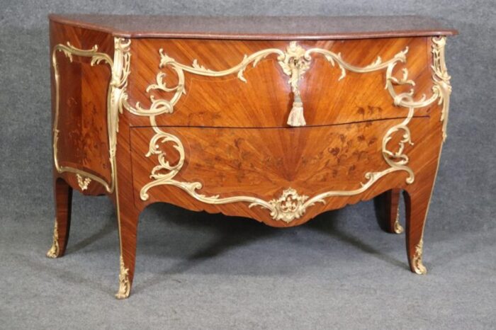 ormolu mounted french louis xv rouge marble top radiating inlay commode 3750