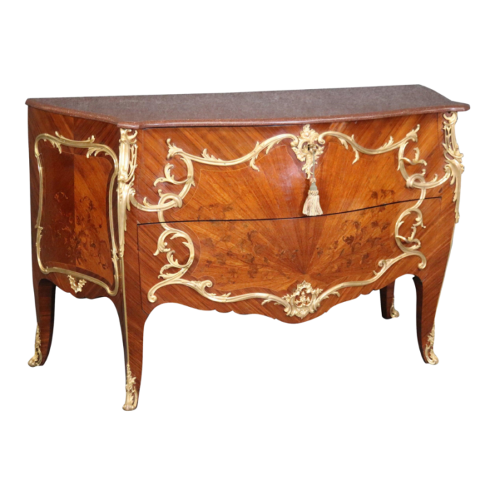 ormolu mounted french louis xv rouge marble top radiating inlay commode 5756