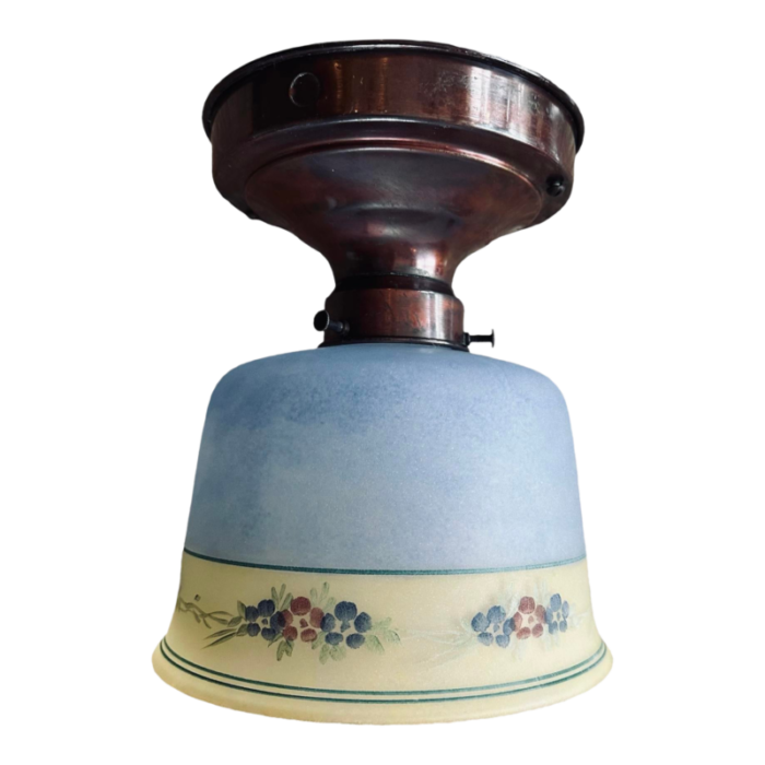 painted blue rose and green flush mount glass shade on old bronze patina brass holder circa 1920 5834